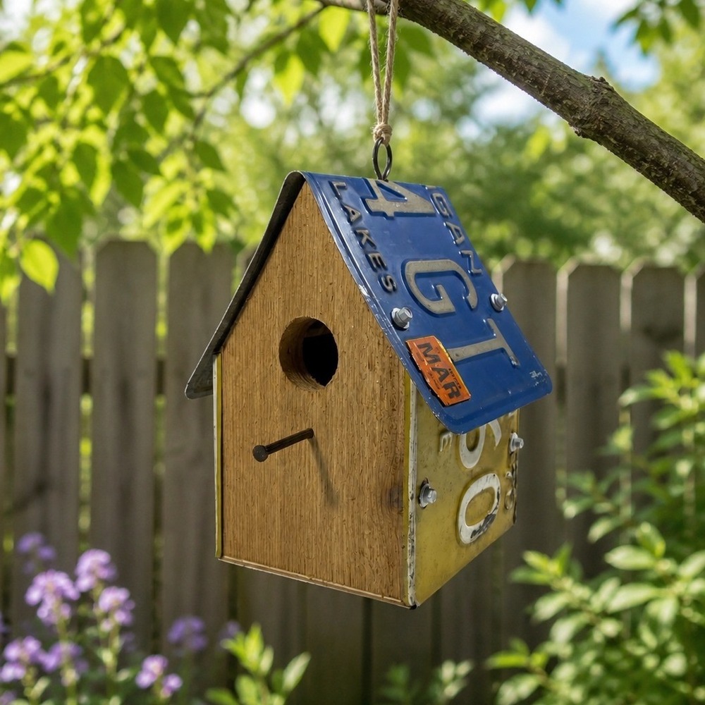 Handmade Michigan License Plate Birdhouse Rustic Cedar Wood Rustic Garden Decor